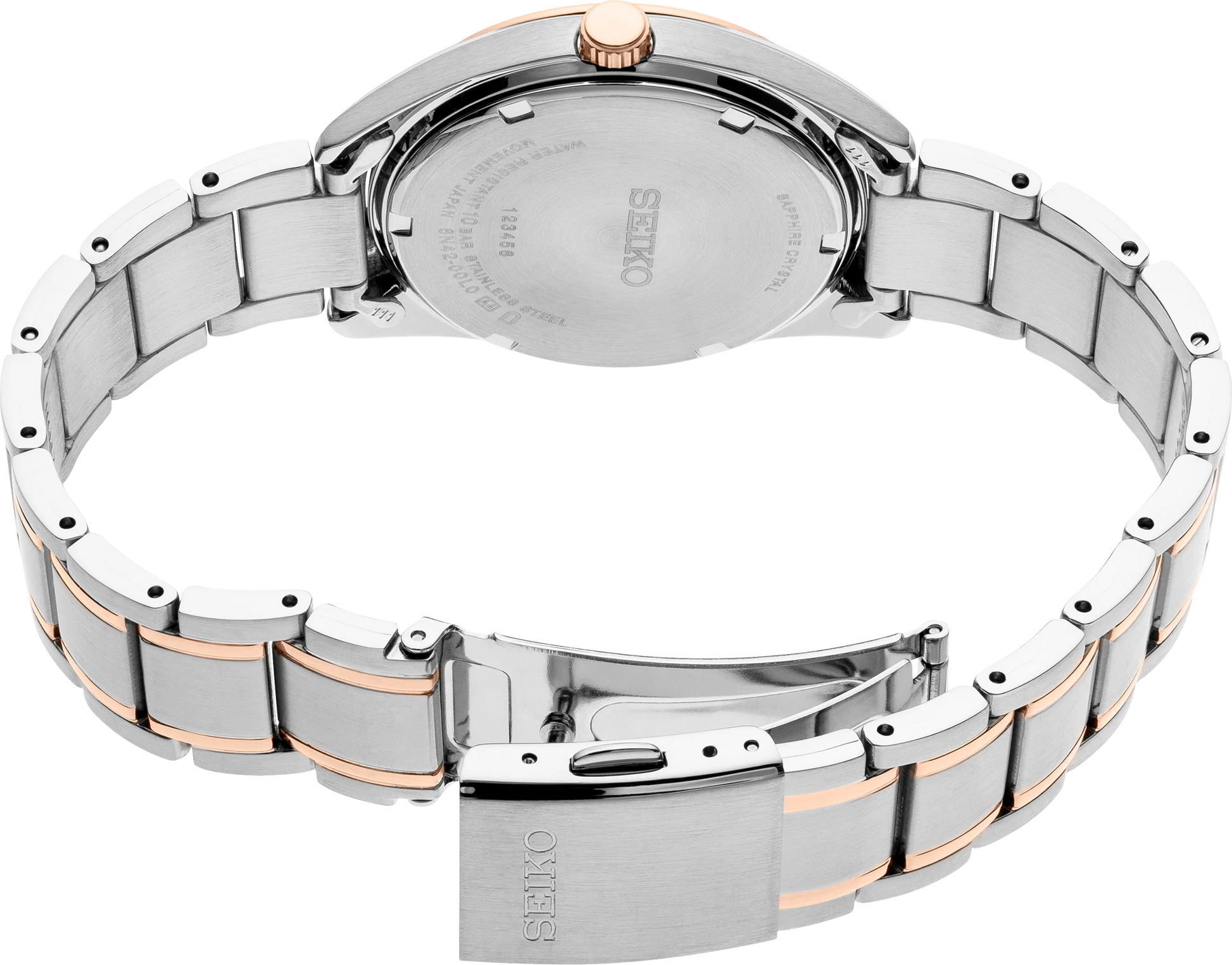 Silver and rose gold Seiko watch on a white background