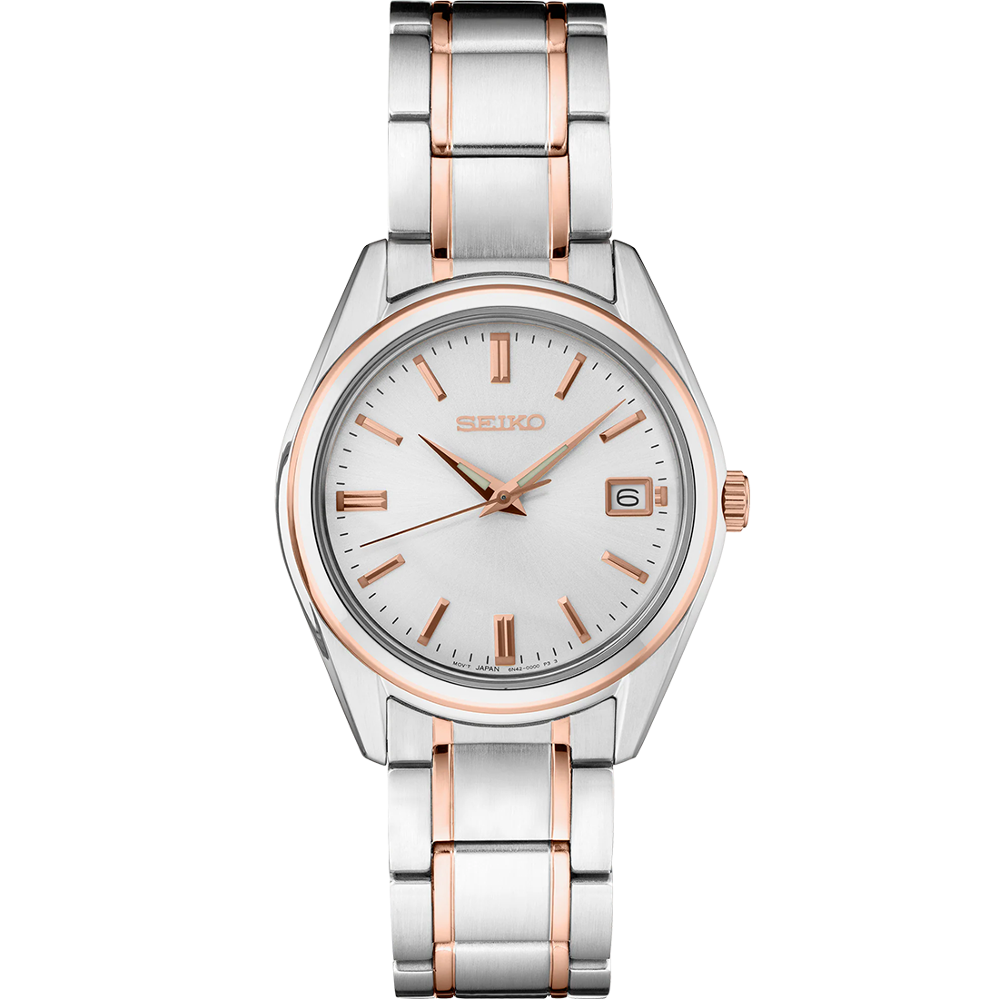 Seiko Essentials SUR322 quartz watch with silver sunray dial, rose-gold two-tone stainless steel case and bracelet, date display, LumiBrite hands, sapphire crystal, and 100m water resistance.