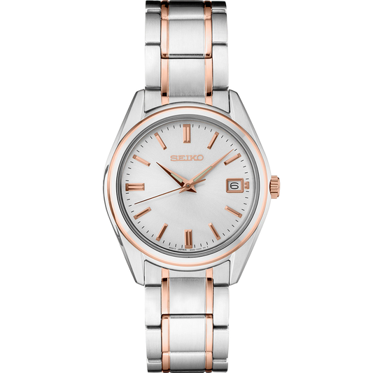 Seiko Essentials SUR322 quartz watch with silver sunray dial, rose-gold two-tone stainless steel case and bracelet, date display, LumiBrite hands, sapphire crystal, and 100m water resistance.