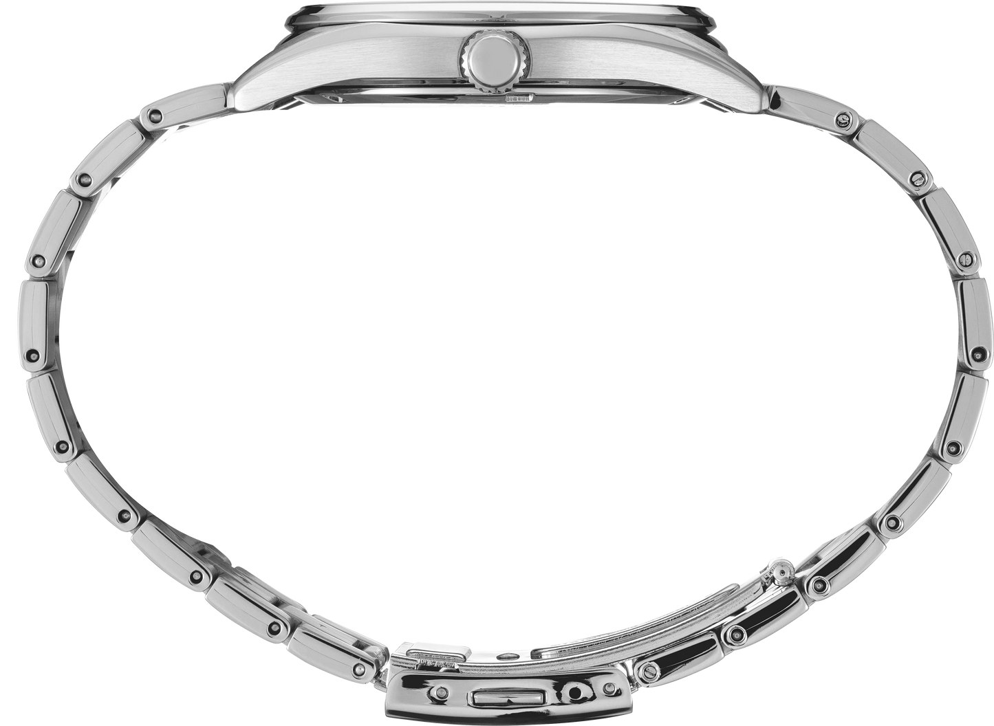 Close-up of the back of a stainless steel watch with a multi-link bracelet and crown, shown on a plain white background.