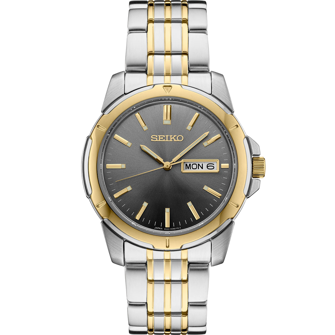 Seiko Essentials SUR356 quartz watch with gray sunray dial, gold accents, two-tone stainless steel case and bracelet, day-date display, LumiBrite hands and markers, and 100m water resistance.