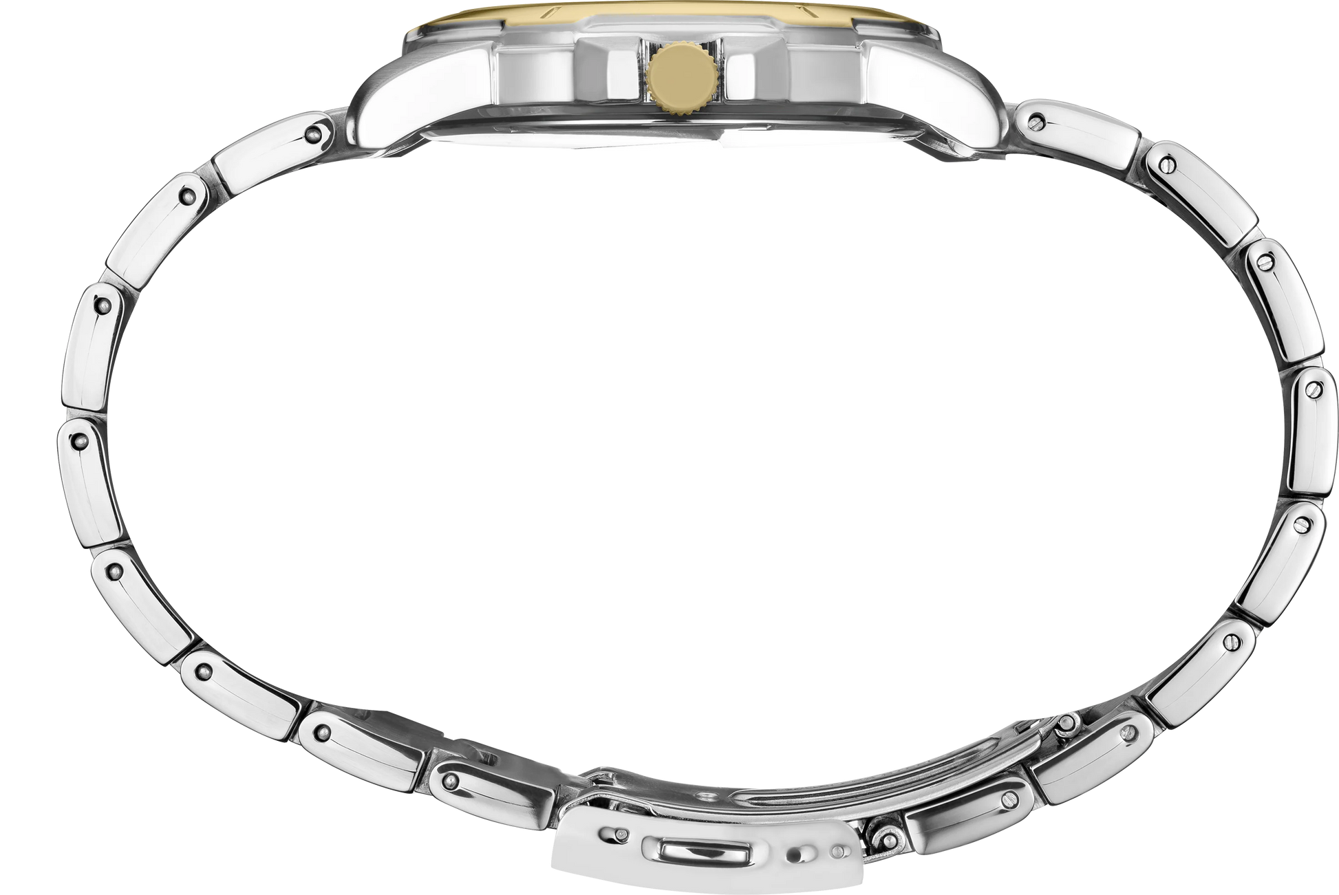 Close-up of a watch band with metallic finish on a white background