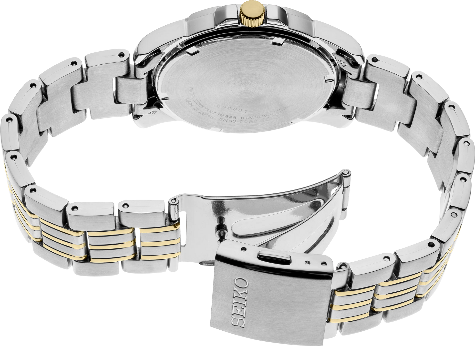 Silver and gold Seiko watch on a white background