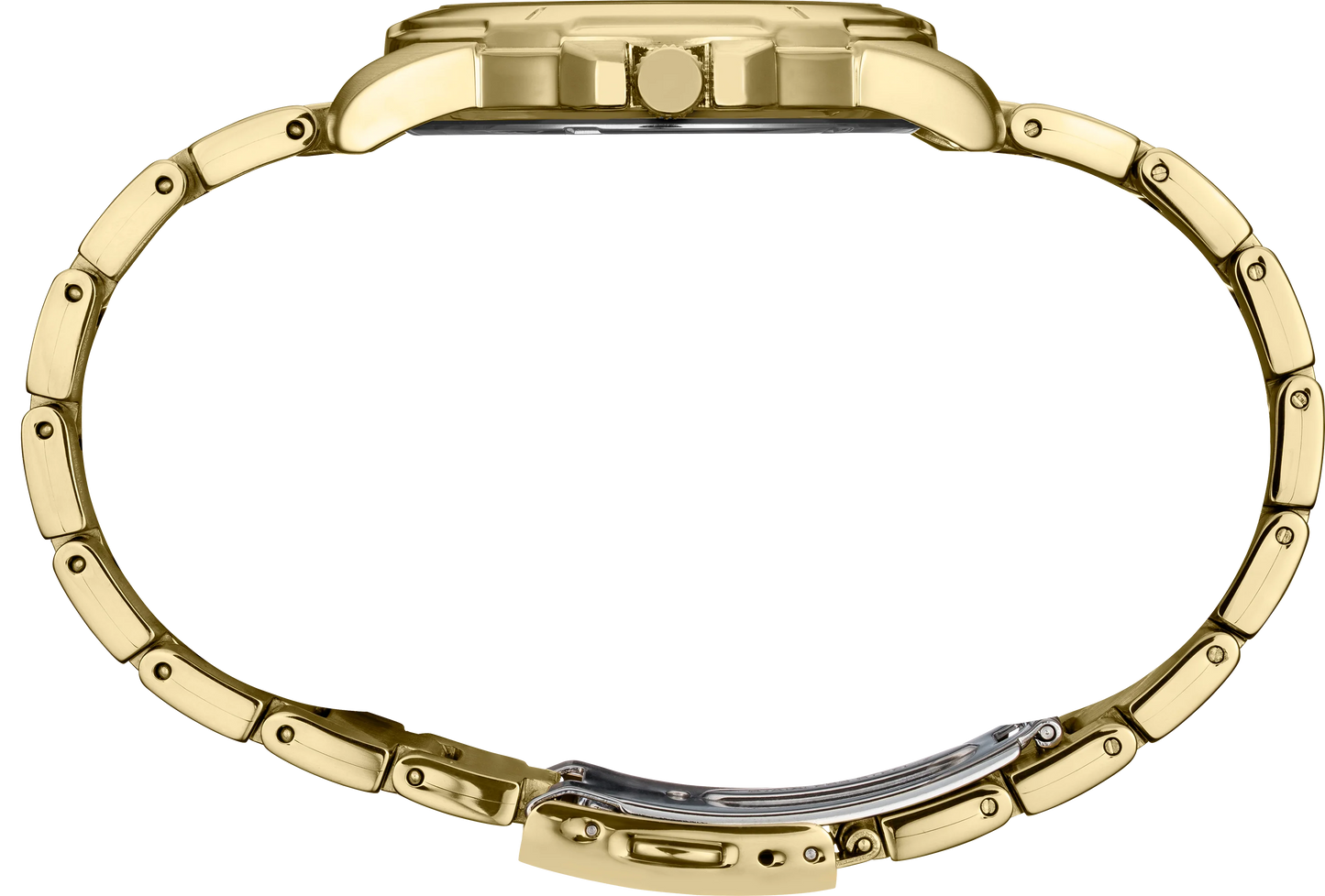 Gold watch with a detailed band on a white background