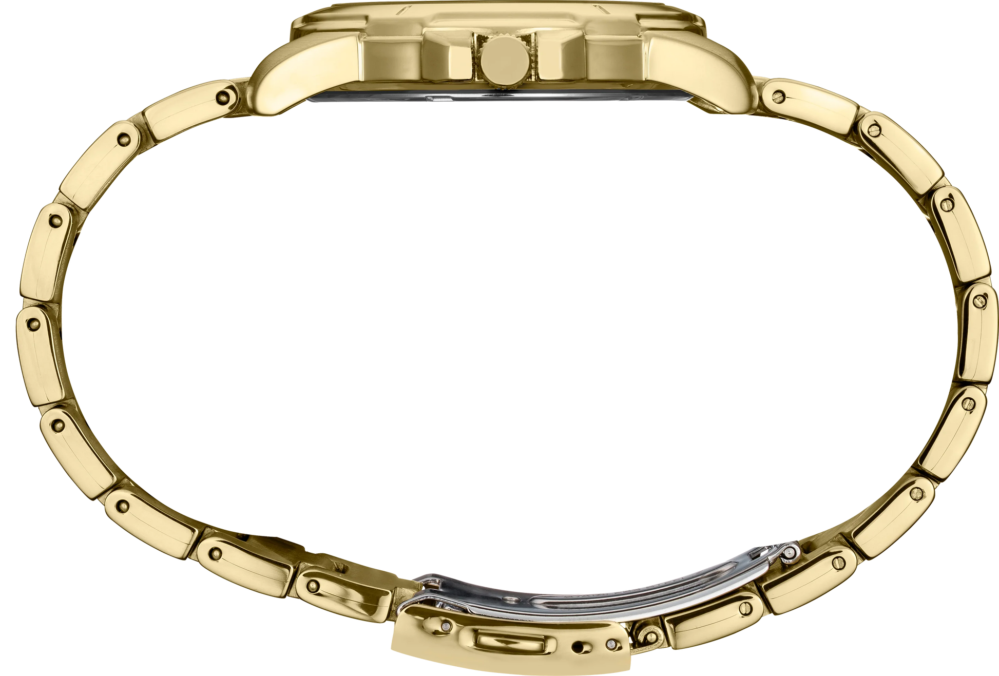 Gold watch with a detailed band on a white background