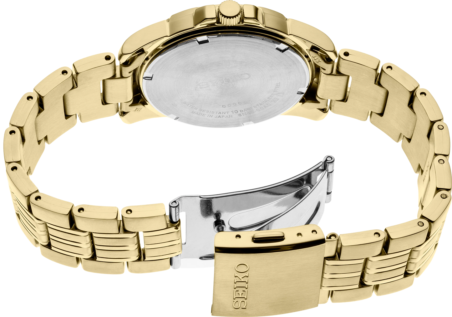 Gold Seiko watch with a white face on a white background
