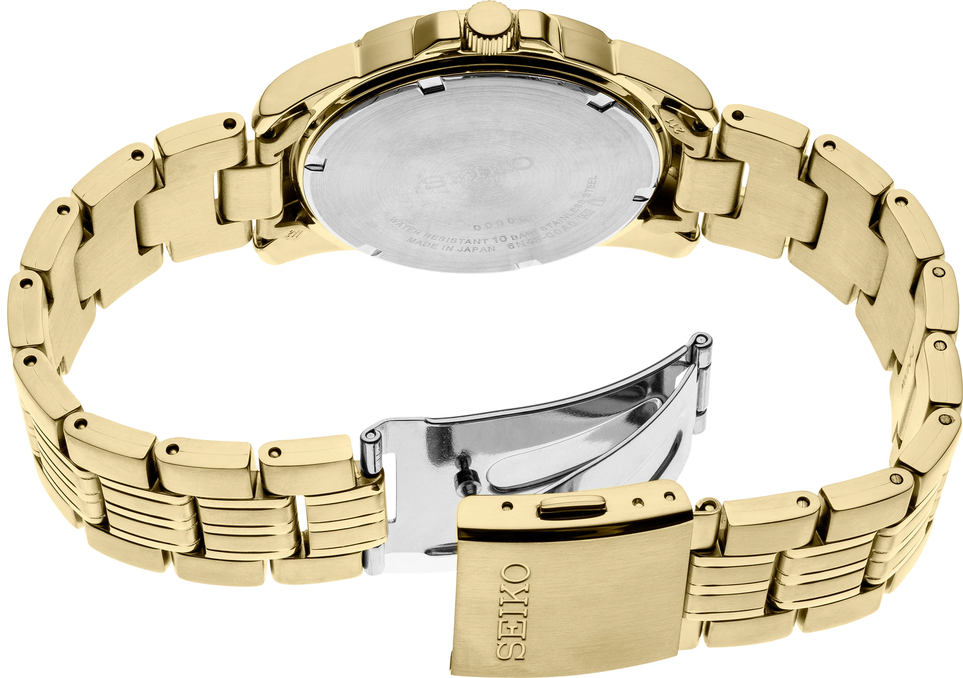 Gold Seiko watch with a white face on a white background
