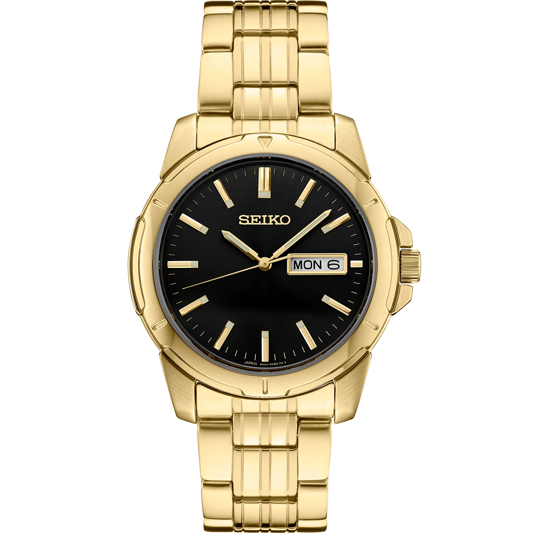 Seiko Essentials SUR358 quartz watch with black sunray dial, gold-tone stainless steel case and bracelet, day-date display, LumiBrite hands and markers, and 100m water resistance.