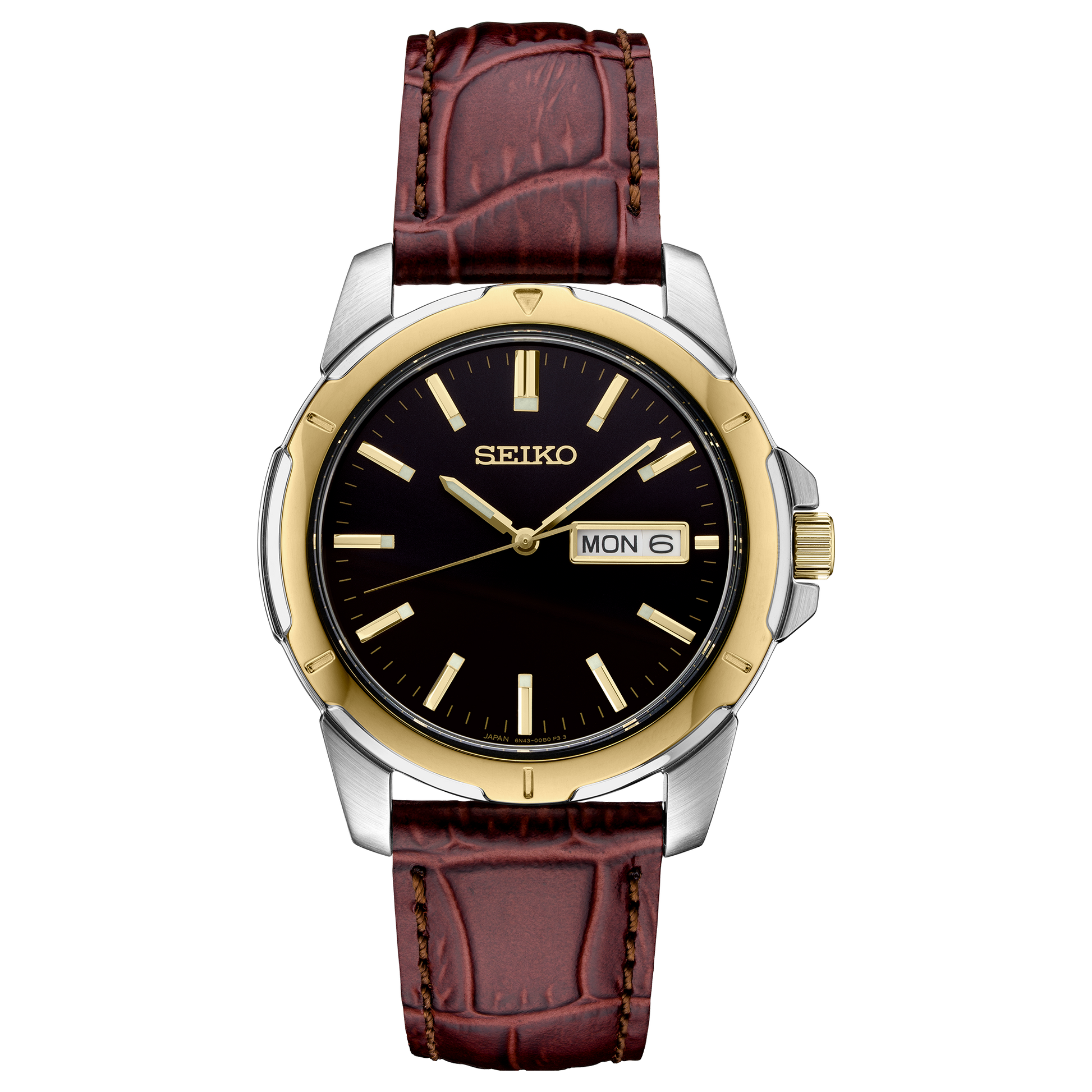 Seiko watch with brown leather strap and black dial on a white background