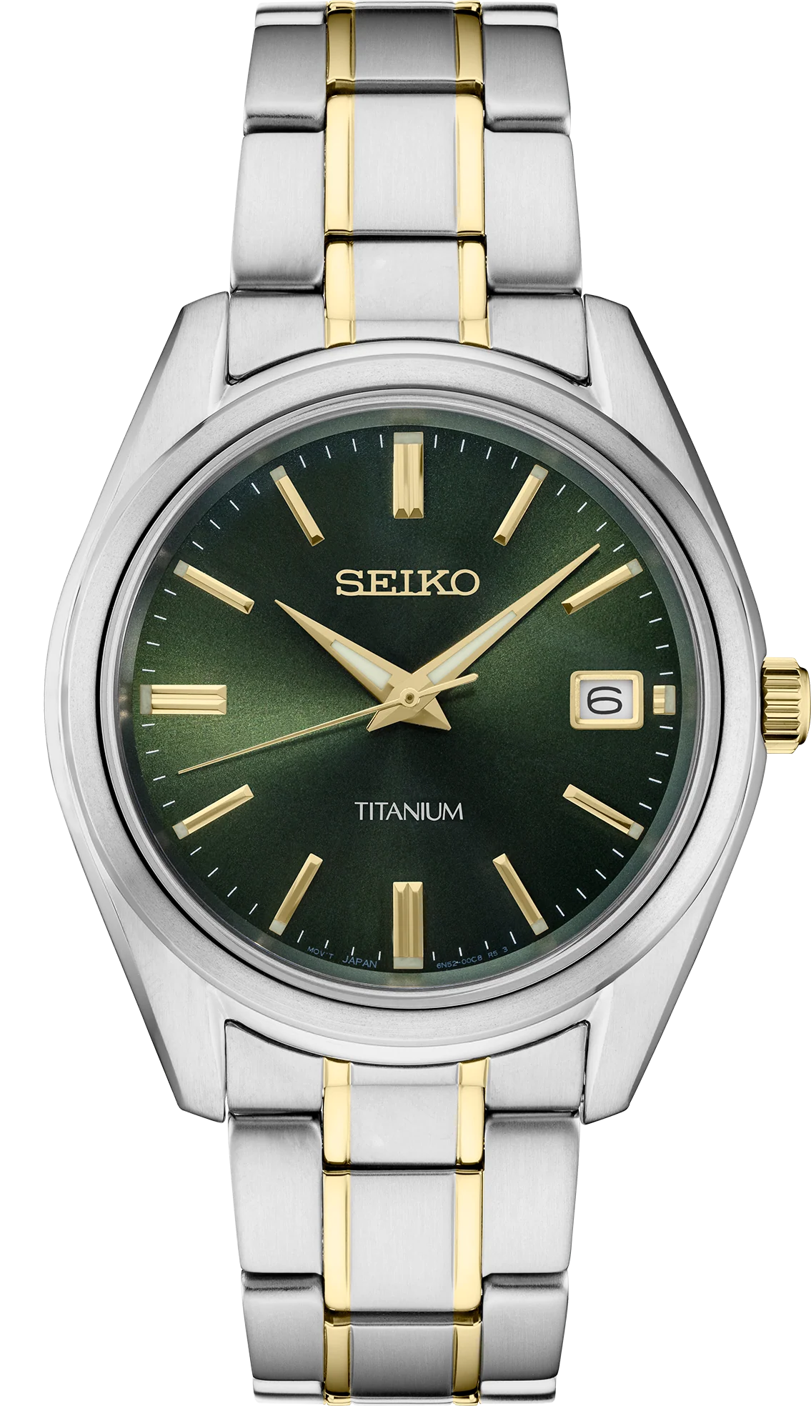 Seiko Essentials SUR377 quartz watch with green sunray dial, gold accents, two-tone titanium case and bracelet, sapphire crystal, and 100m water resistance.
