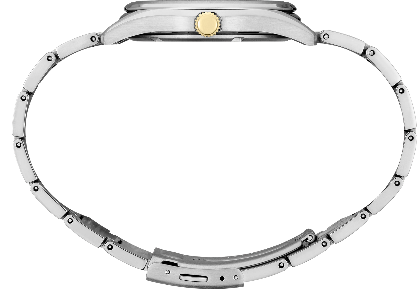 Close-up of a silver watch band with a gold clasp on a white background