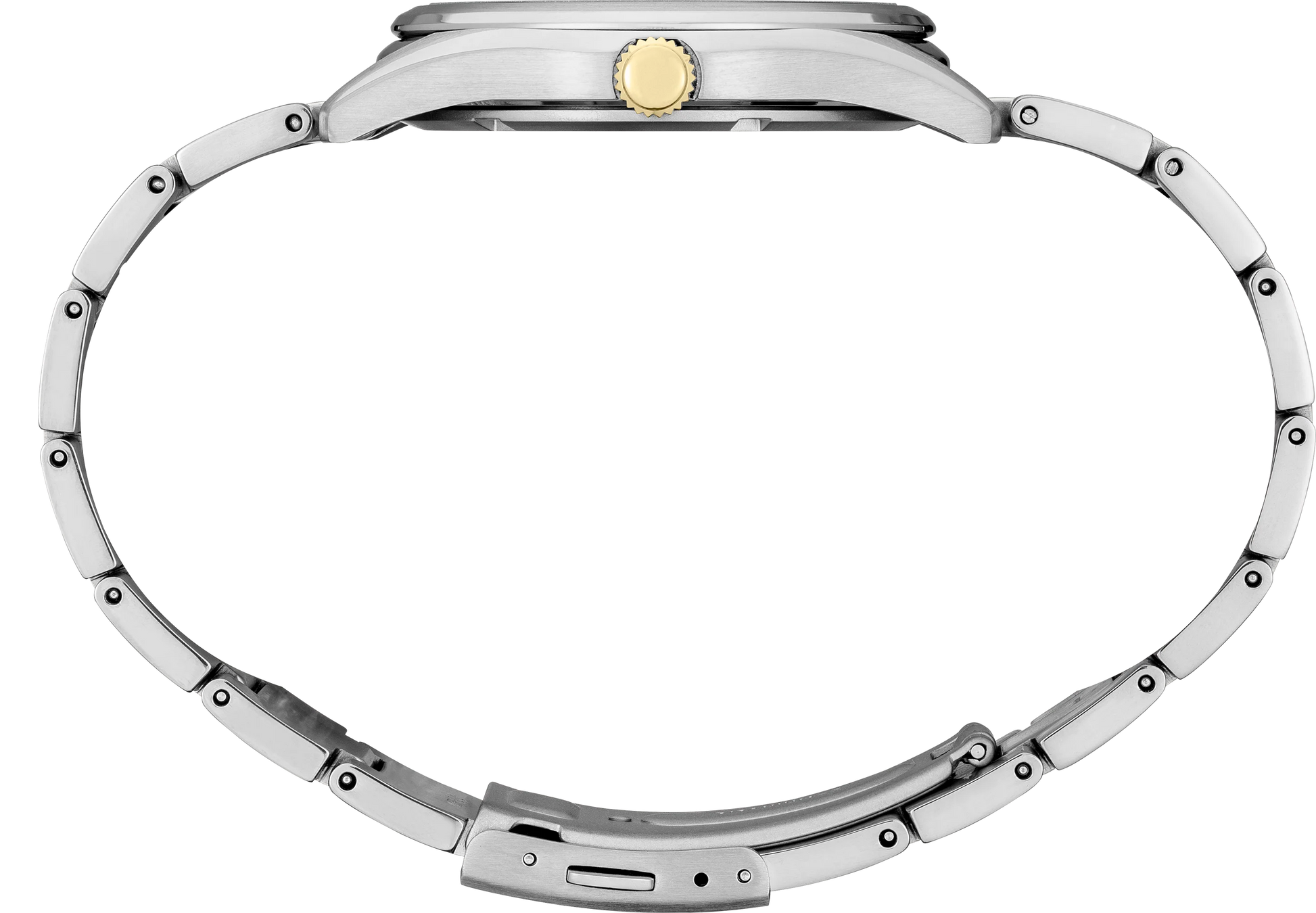 Close-up of a silver watch band with a gold clasp on a white background