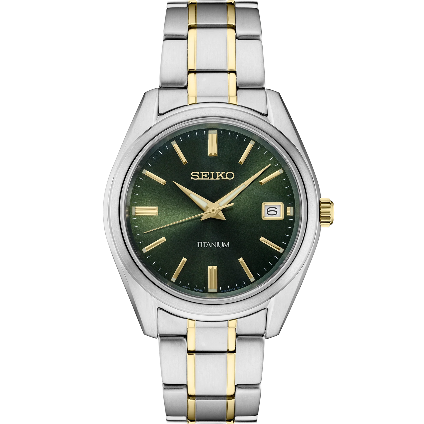 Seiko Essentials SUR377 quartz watch with green sunray dial, gold accents, two-tone titanium case and bracelet, sapphire crystal, date display, and 100m water resistance.