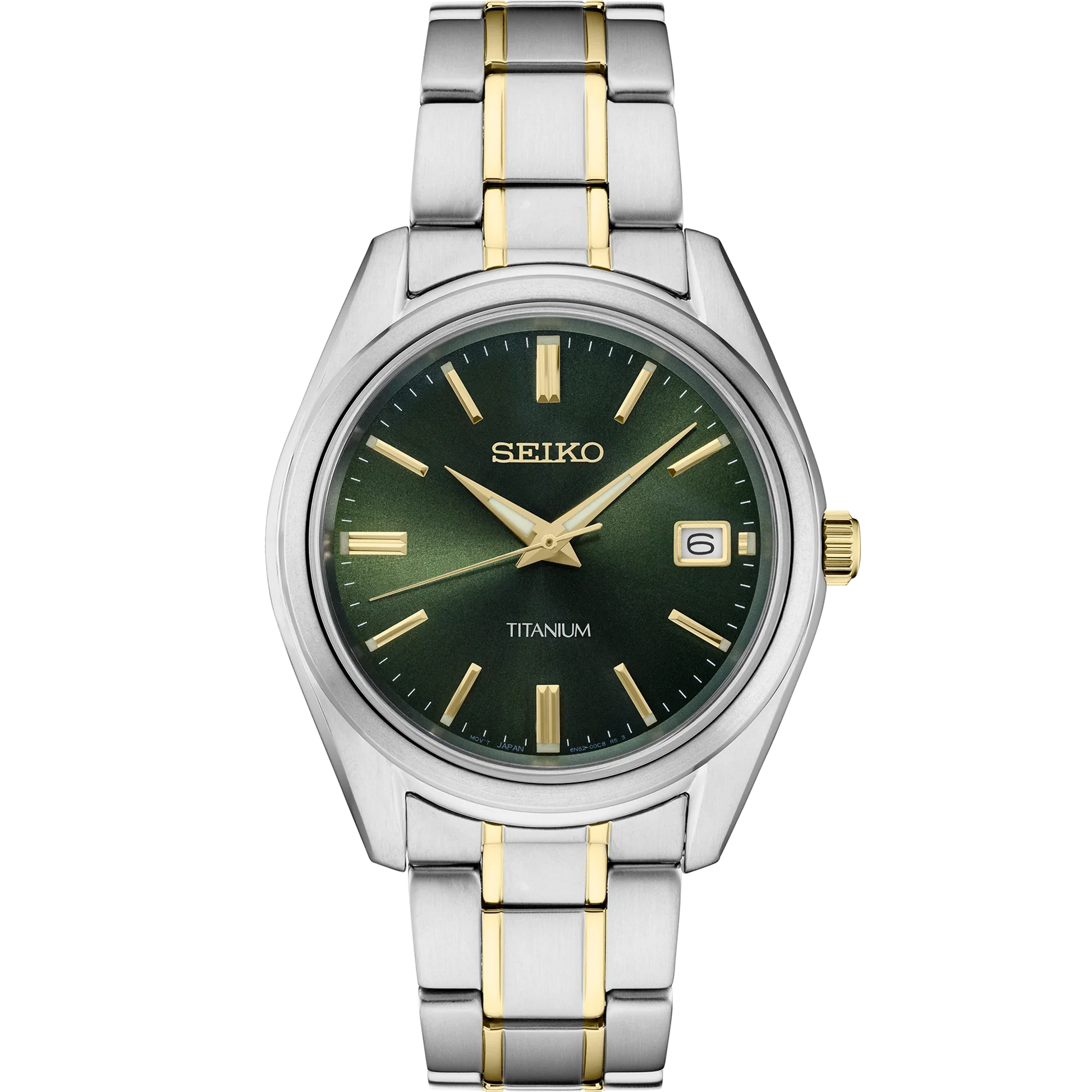 Seiko Essentials SUR377 quartz watch with green sunray dial, gold accents, two-tone titanium case and bracelet, sapphire crystal, date display, and 100m water resistance.