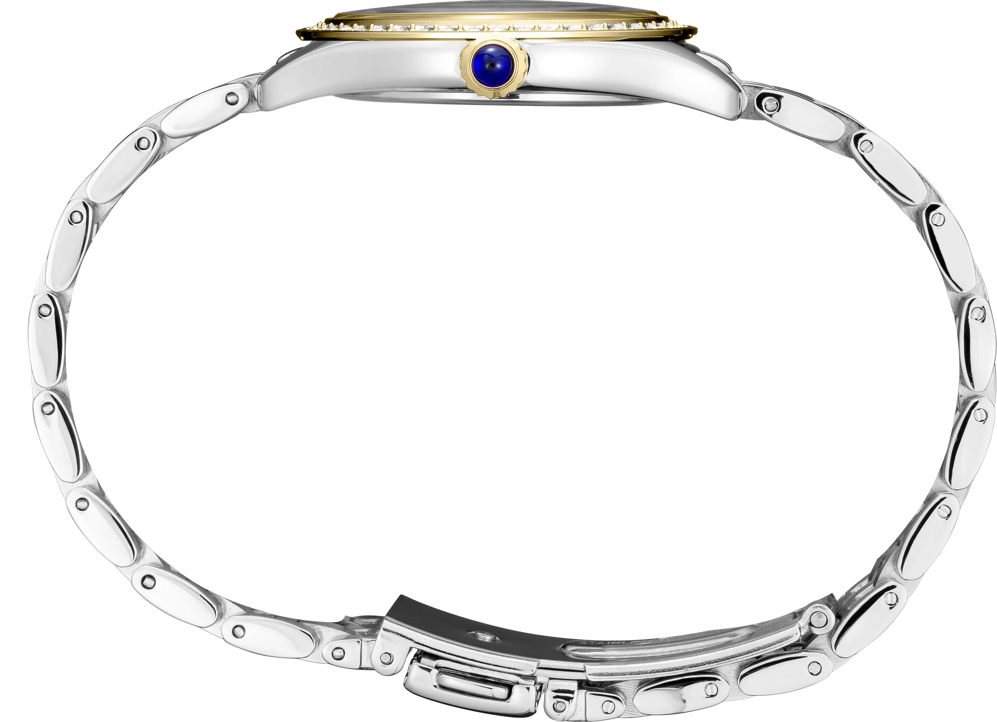 A close-up of a silver-toned metal bracelet watch with a yellow gold bezel, a round blue cabochon gemstone on the lugs, and a silver clasp, shown against a plain white background.