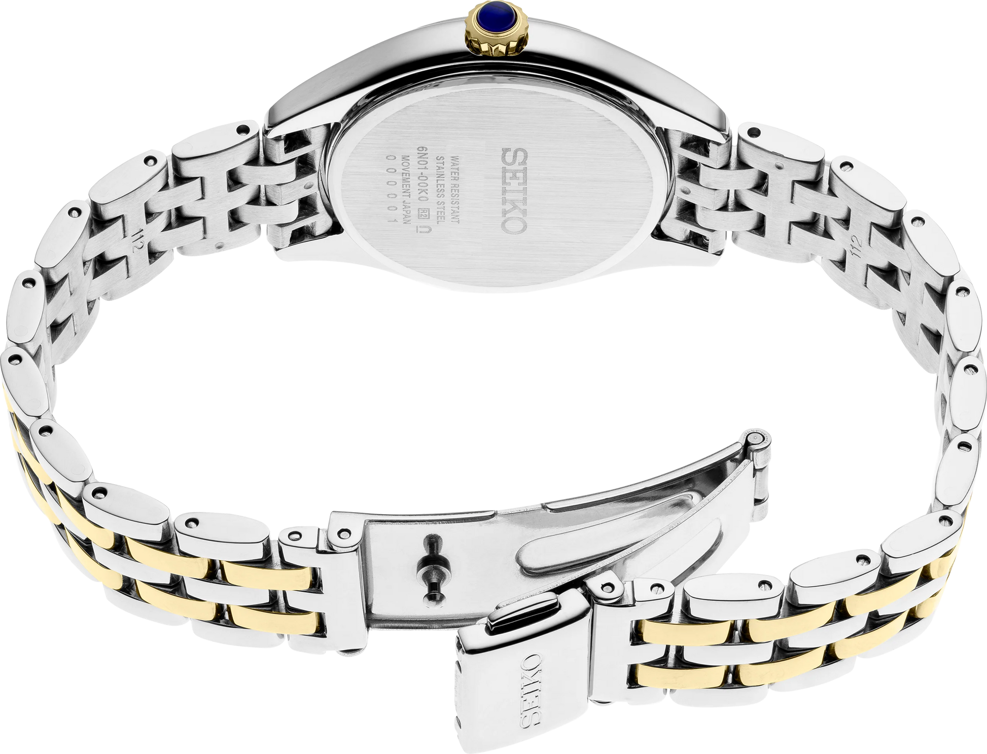 The back view of a Seiko women's watch featuring a two-tone stainless steel and gold link bracelet with a small blue accent jewel on the crown.