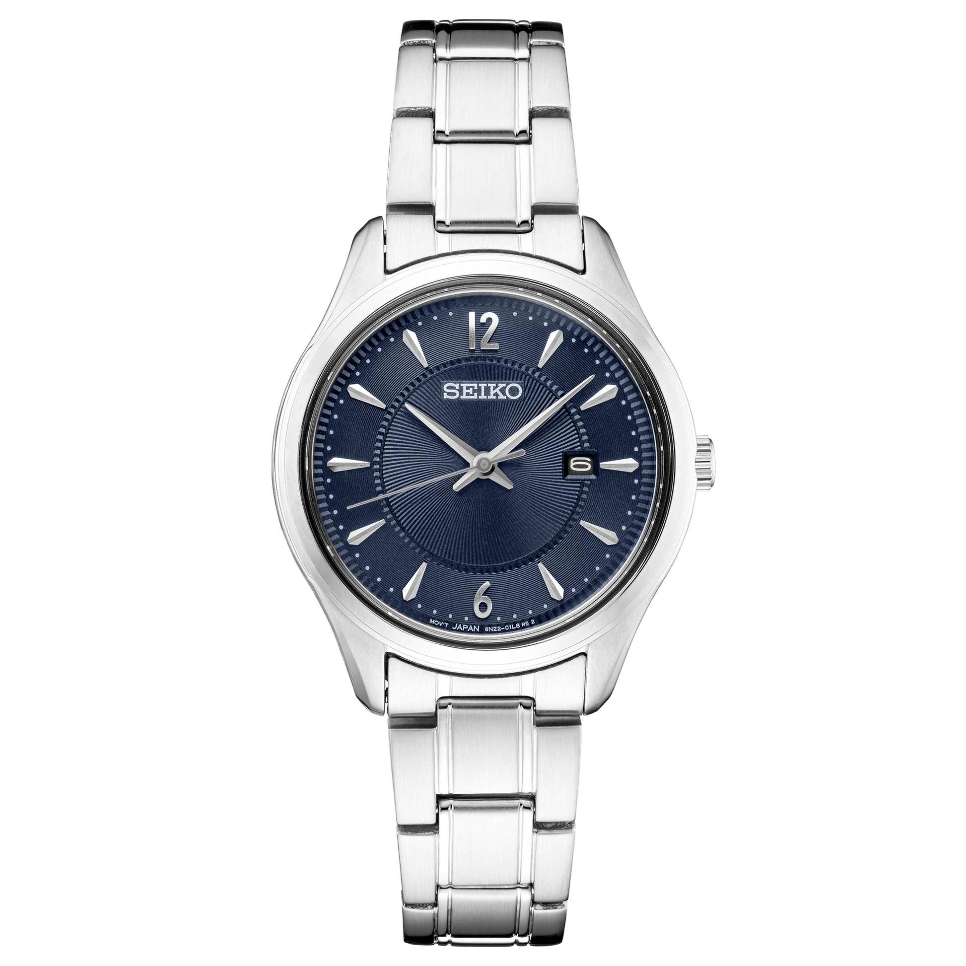 Seiko watch with silver bracelet and blue dial on a white background