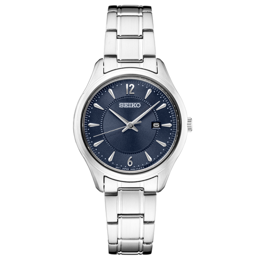 Seiko watch with silver bracelet and blue dial on a white background
