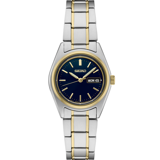 Seiko Essentials SUR436 Women's Watch – Blue Sunray Dial, Gold-Tone Markers, Two-Tone Stainless Steel Bracelet, Day-Date Display, 100M Water Resistant Quartz Timepiece
