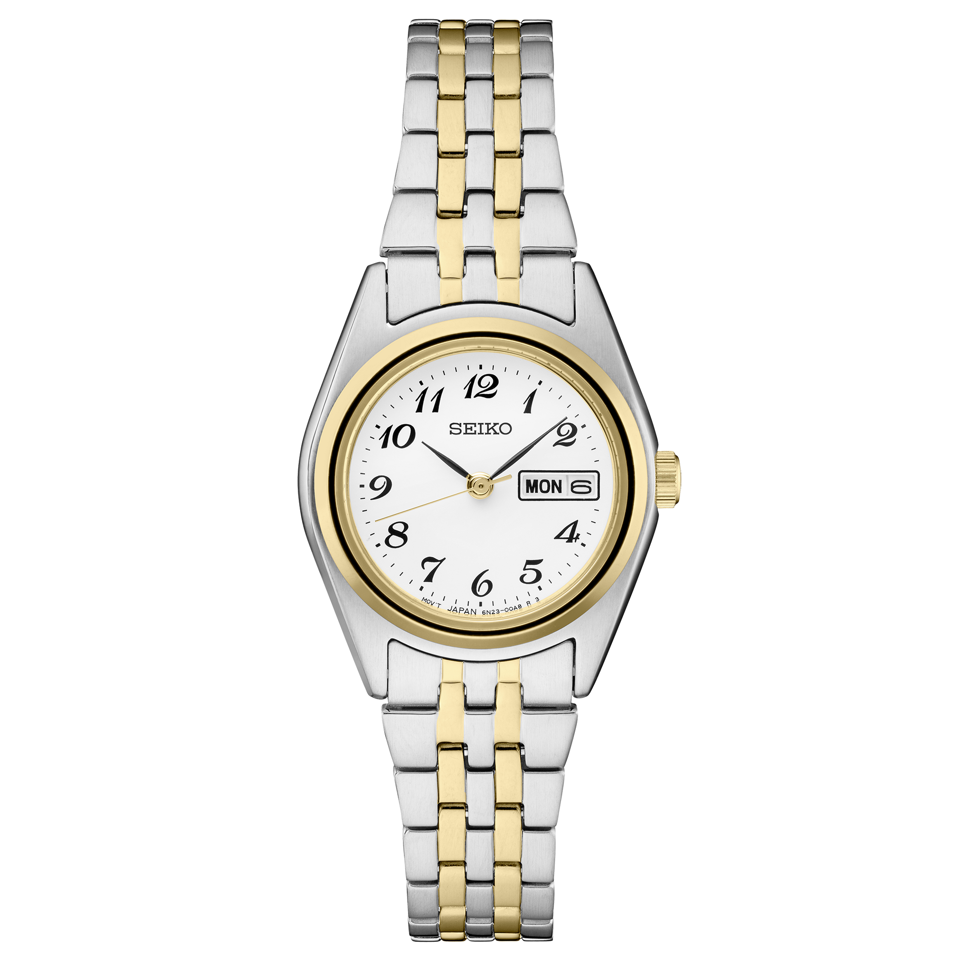 Two-tone watch with silver and gold band on a white background