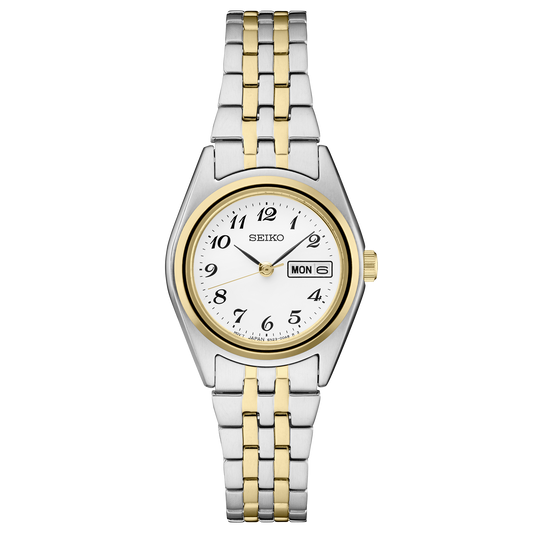 Two-tone watch with silver and gold band on a white background