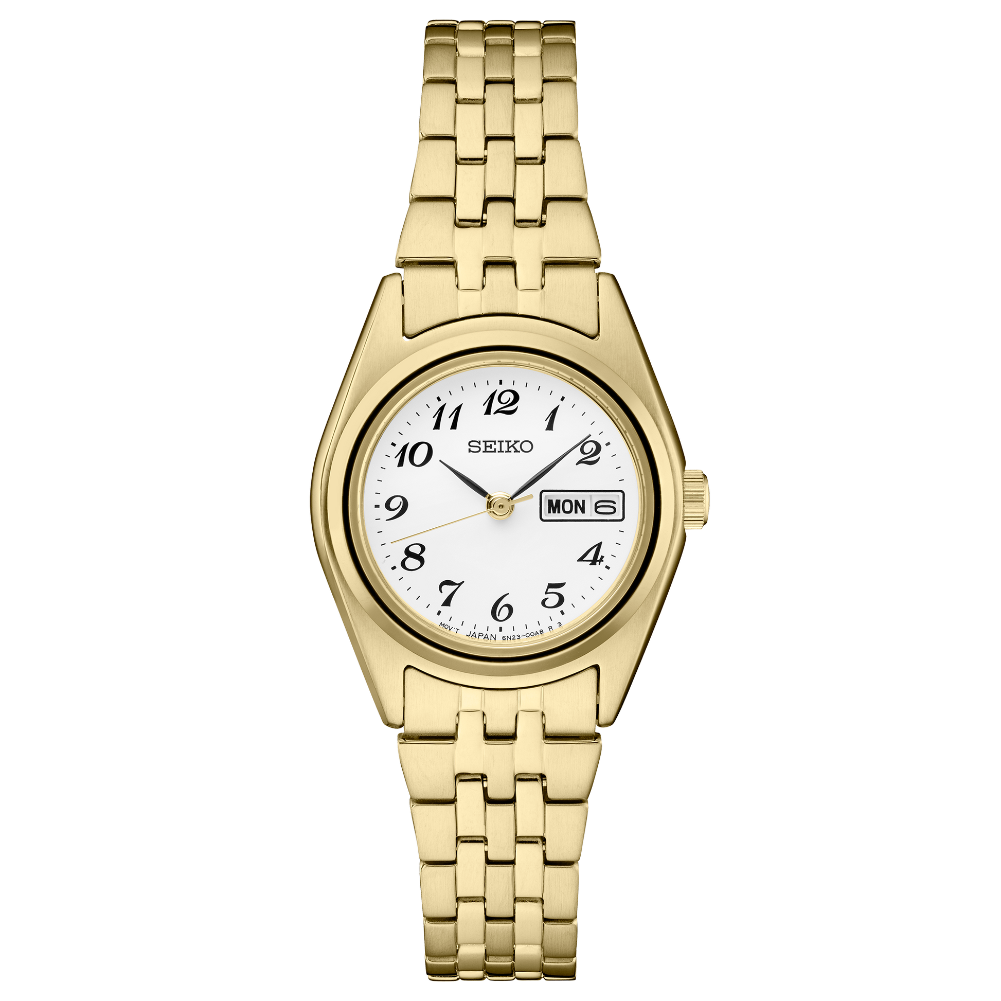 Gold watch with a white face on a white background