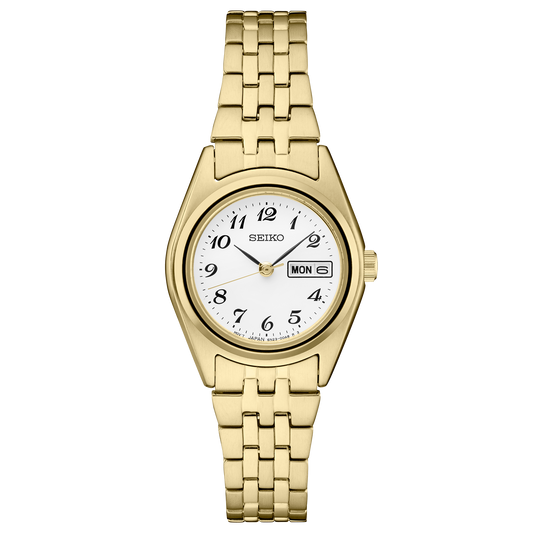 Gold watch with a white face on a white background