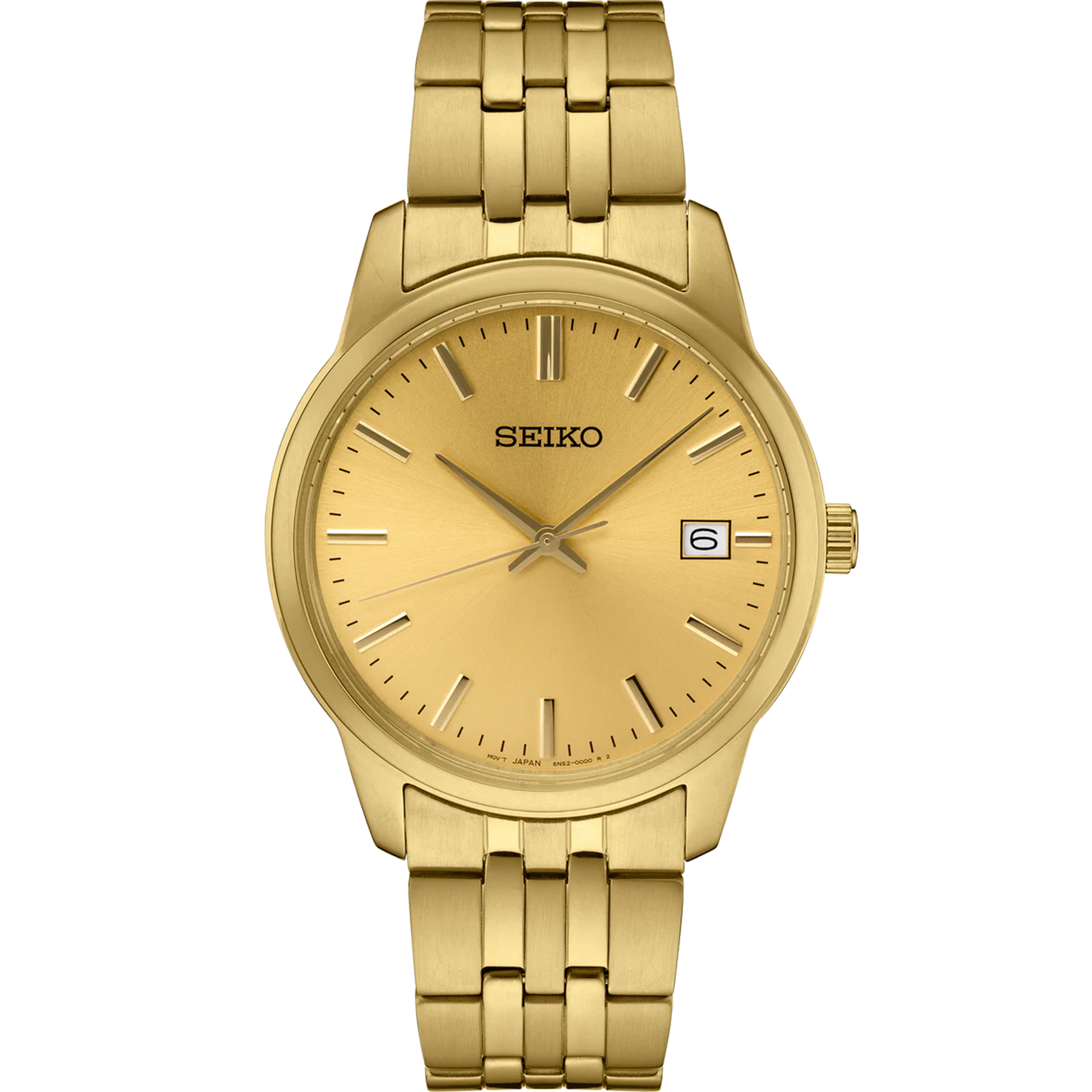 Seiko Essentials SUR442 gold-tone quartz watch with 40mm stainless steel case, champagne dial, date display, and Hardlex crystal – water-resistant to 100m, minimalist design for everyday wear, available at Miseki Jewelry
