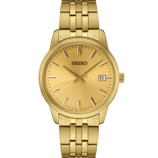 Seiko Essentials SUR442 gold-tone quartz watch with 40mm stainless steel case, champagne dial, date display, and Hardlex crystal – water-resistant to 100m, minimalist design for everyday wear, available at Miseki Jewelry