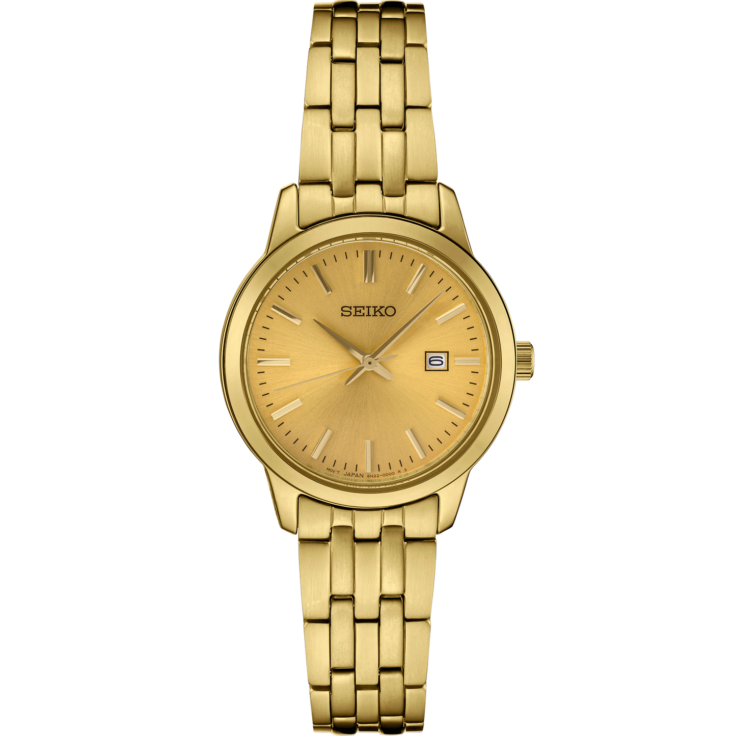 Seiko Essentials SUR444 Women’s Watch – Gold-Tone Stainless Steel, Champagne Dial, Date Display, 100M Water Resistant, Elegant Everyday Quartz Timepiece