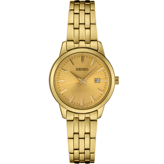 Seiko Essentials SUR444 Women’s Watch – Gold-Tone Stainless Steel, Champagne Dial, Date Display, 100M Water Resistant, Elegant Everyday Quartz Timepiece