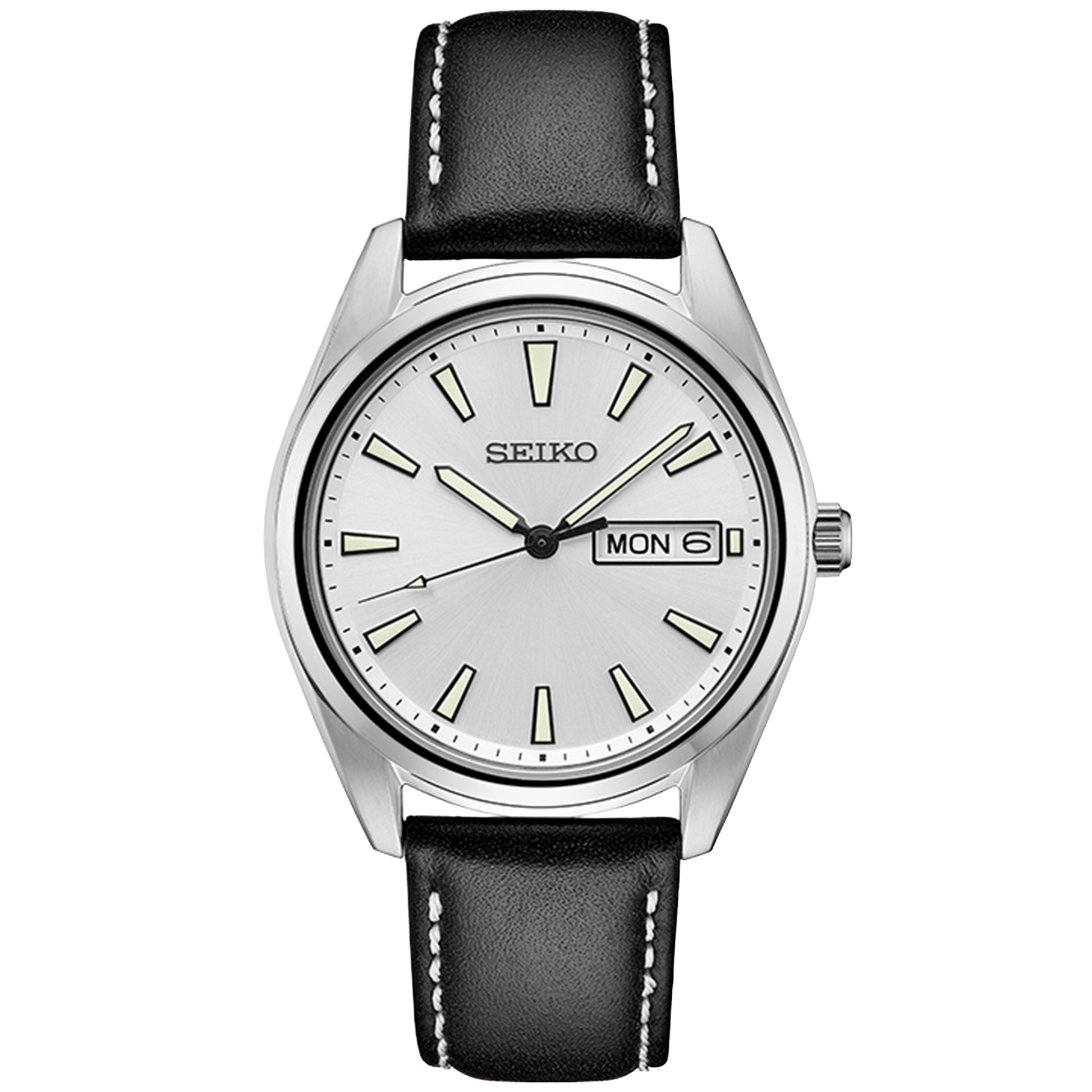 Seiko watch with black leather strap and silver case on a white background
