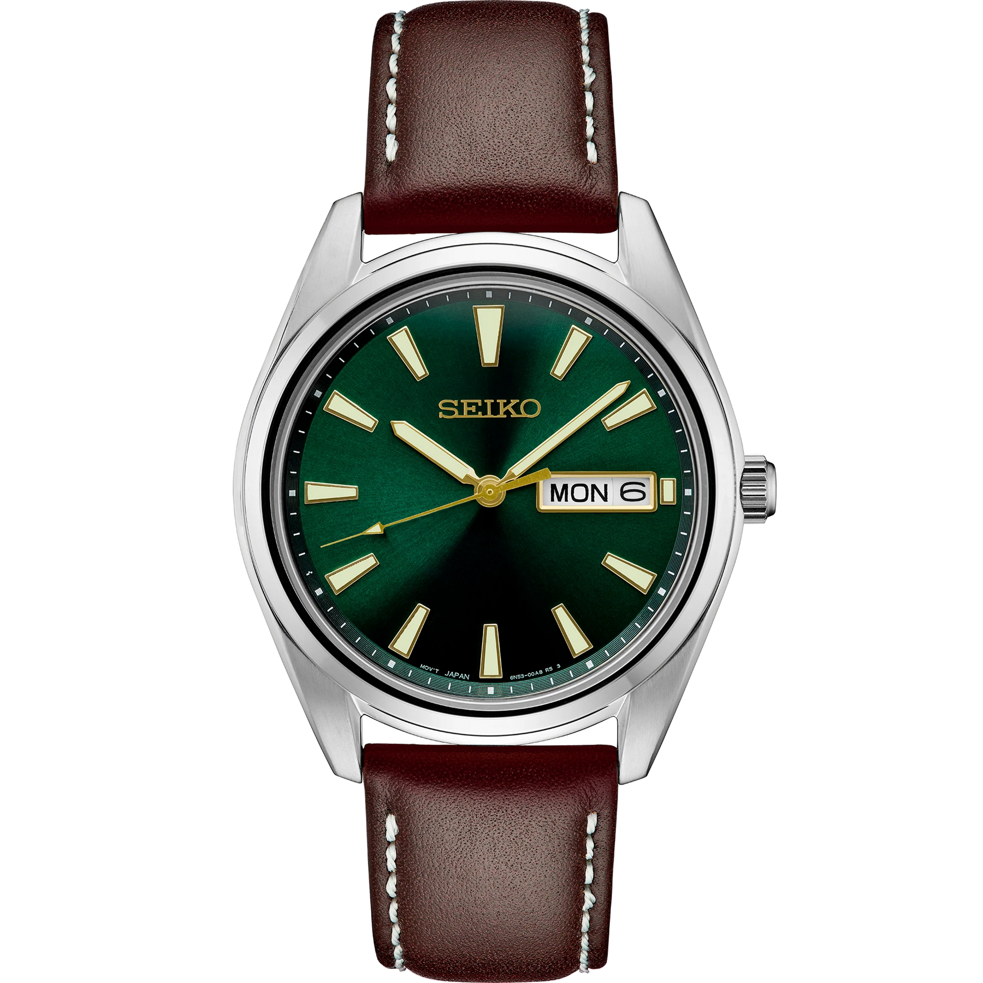 Seiko Essentials SUR449 quartz watch with green sunray dial, gold-tone accents, stainless steel case, brown leather strap, day-date display, sapphire crystal, LumiBrite hands and markers, and 100m water resistance.