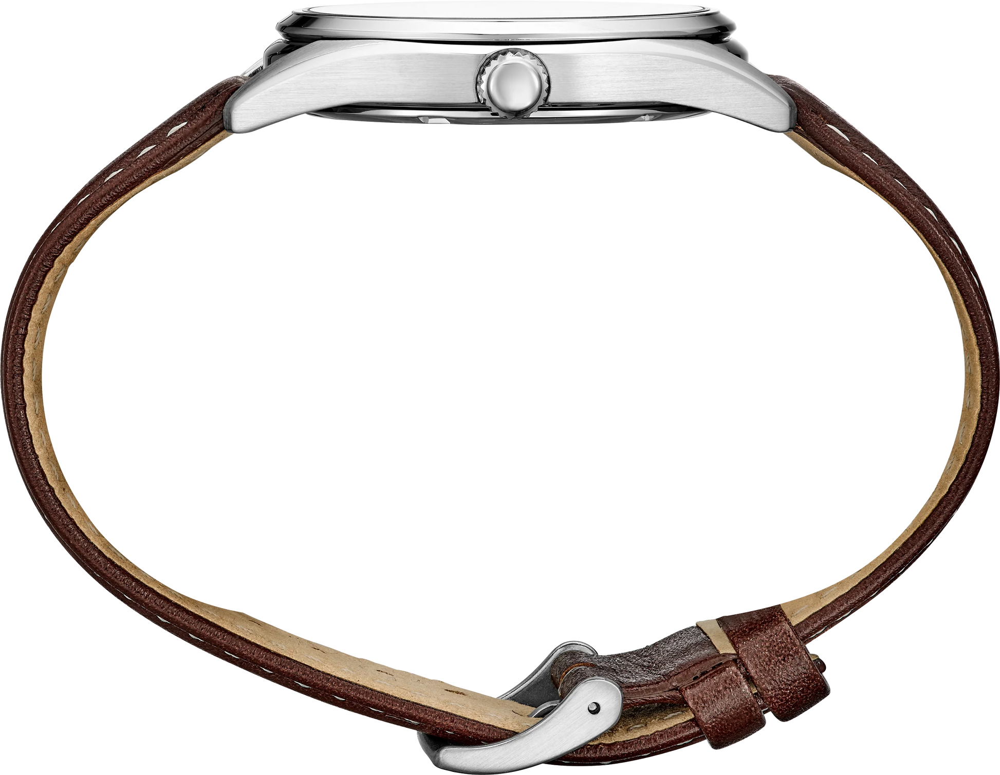 Watch with brown leather strap and silver case on a white background