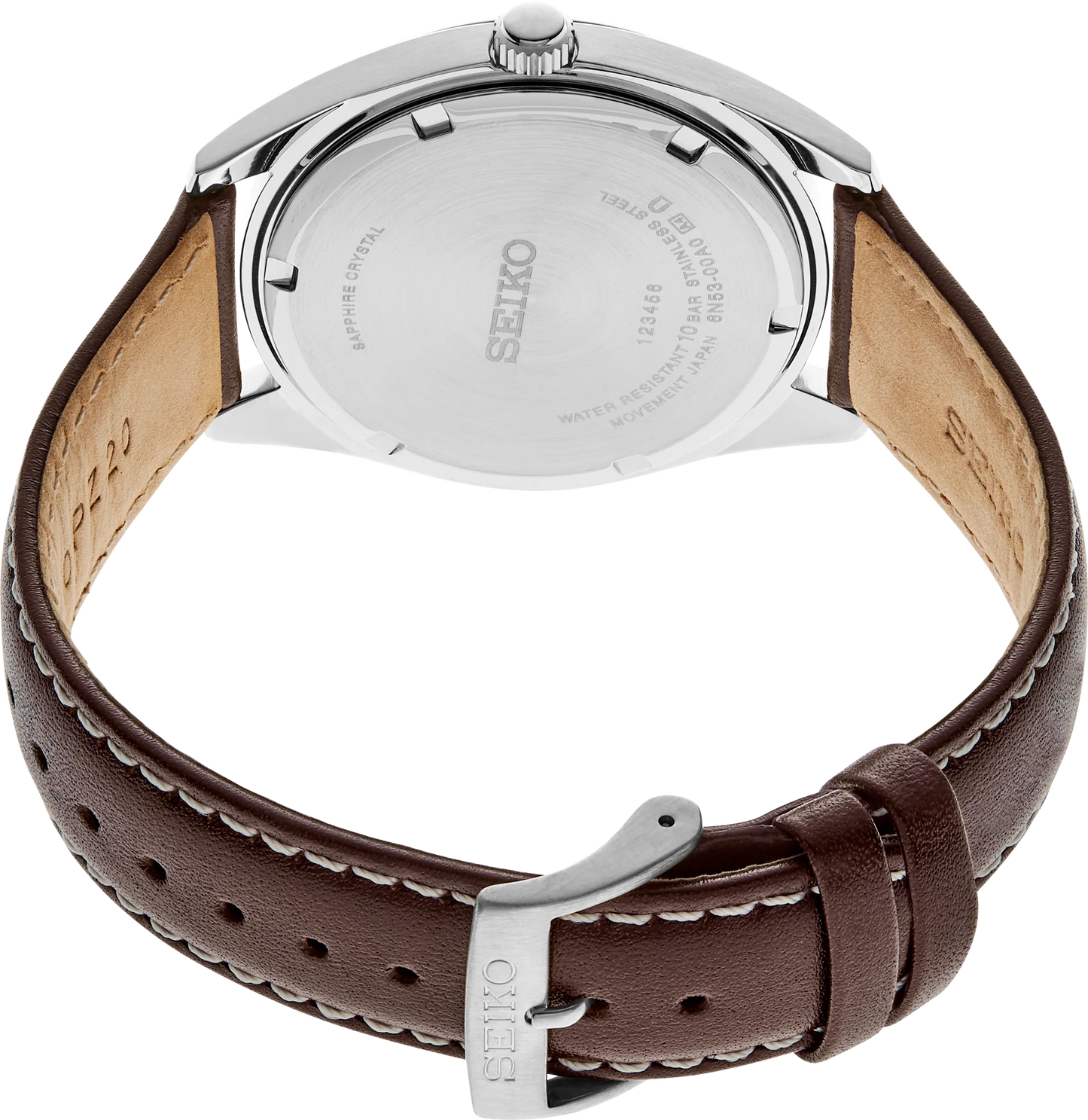 Seiko watch with brown leather strap on a white background