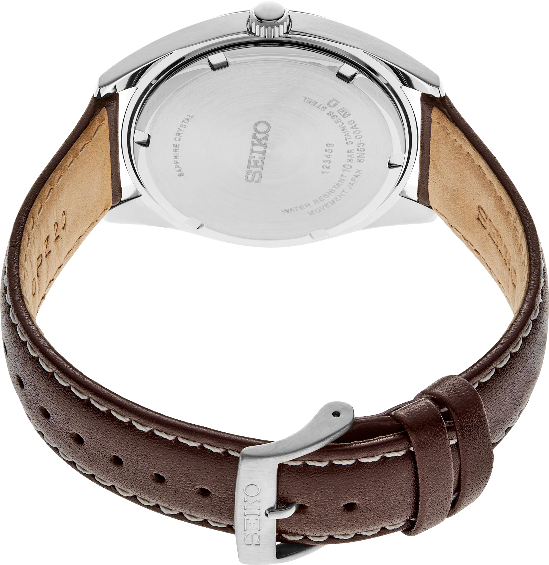 Seiko watch with brown leather strap on a white background