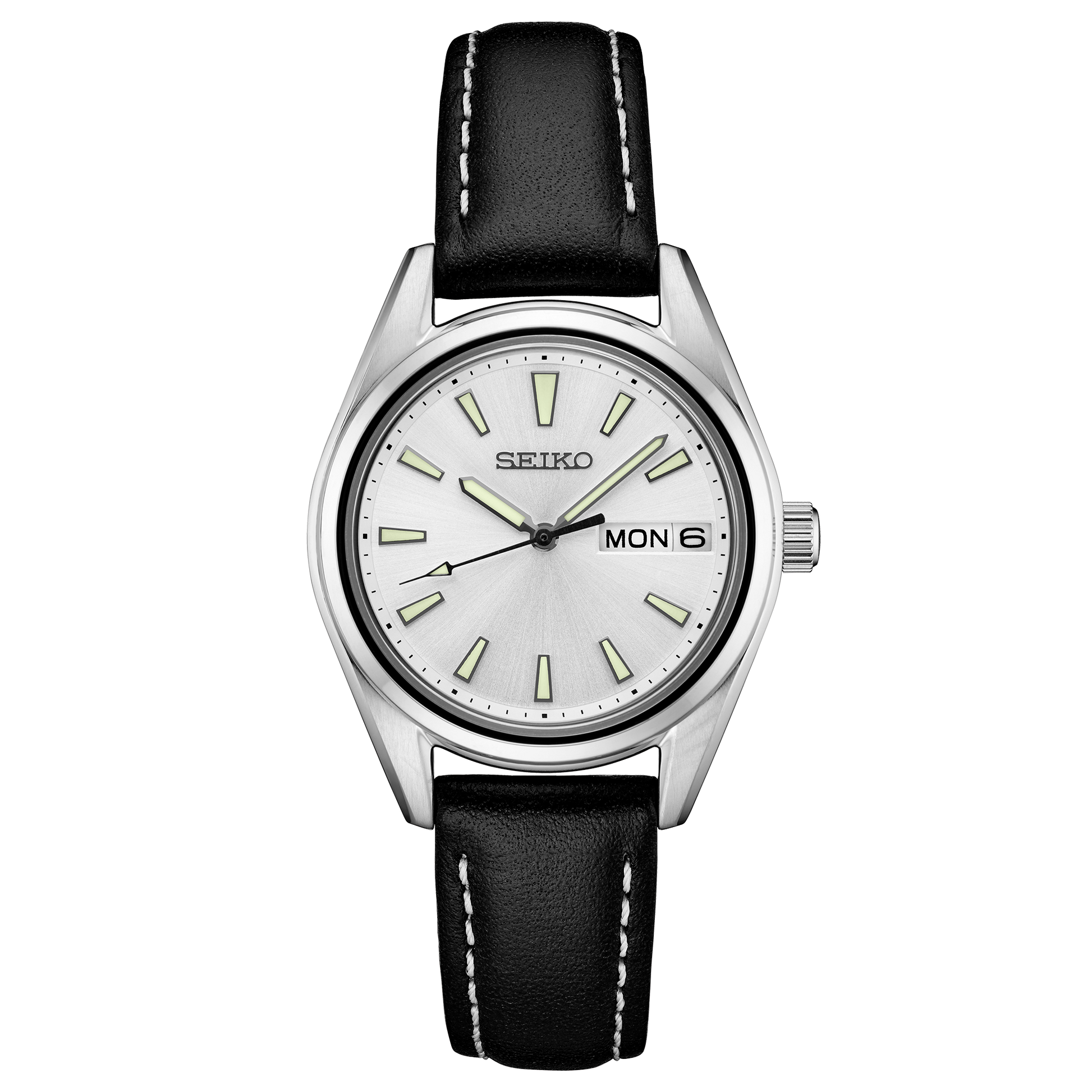 Seiko watch with black leather strap on a white background
