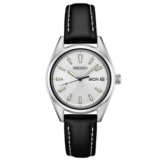 Seiko watch with black leather strap on a white background