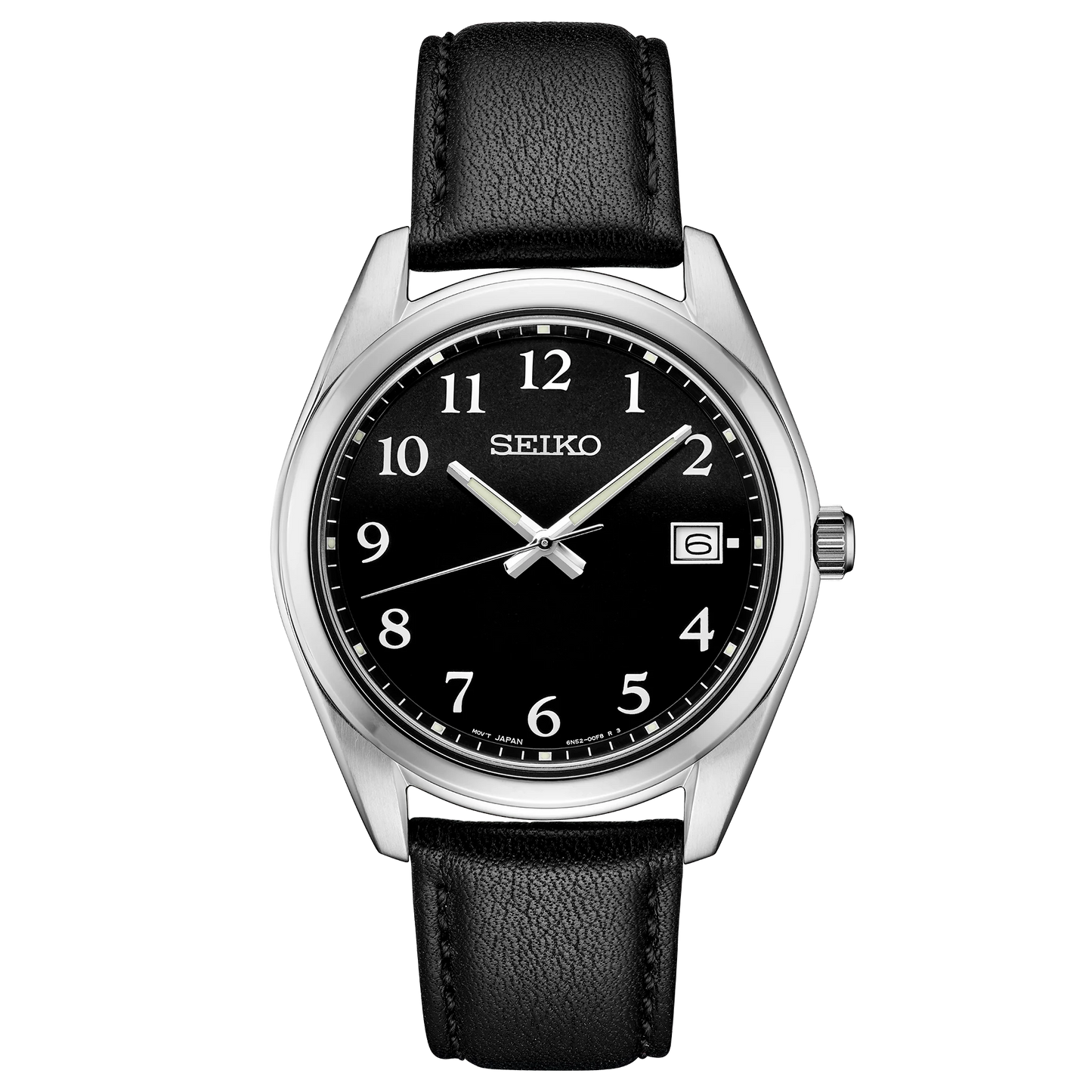 Seiko watch with black leather strap and black dial on a white background