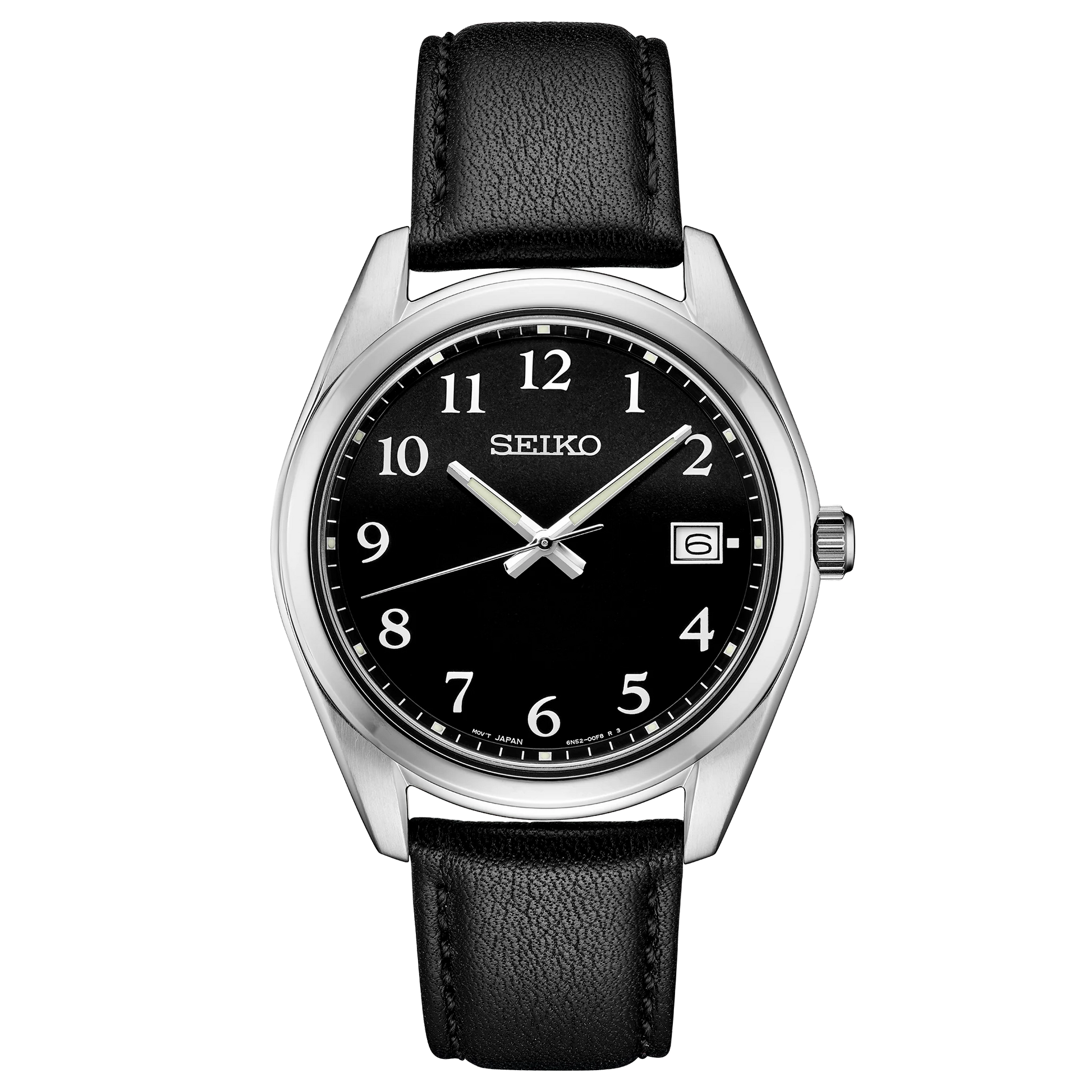 Seiko watch with black leather strap and black dial on a white background