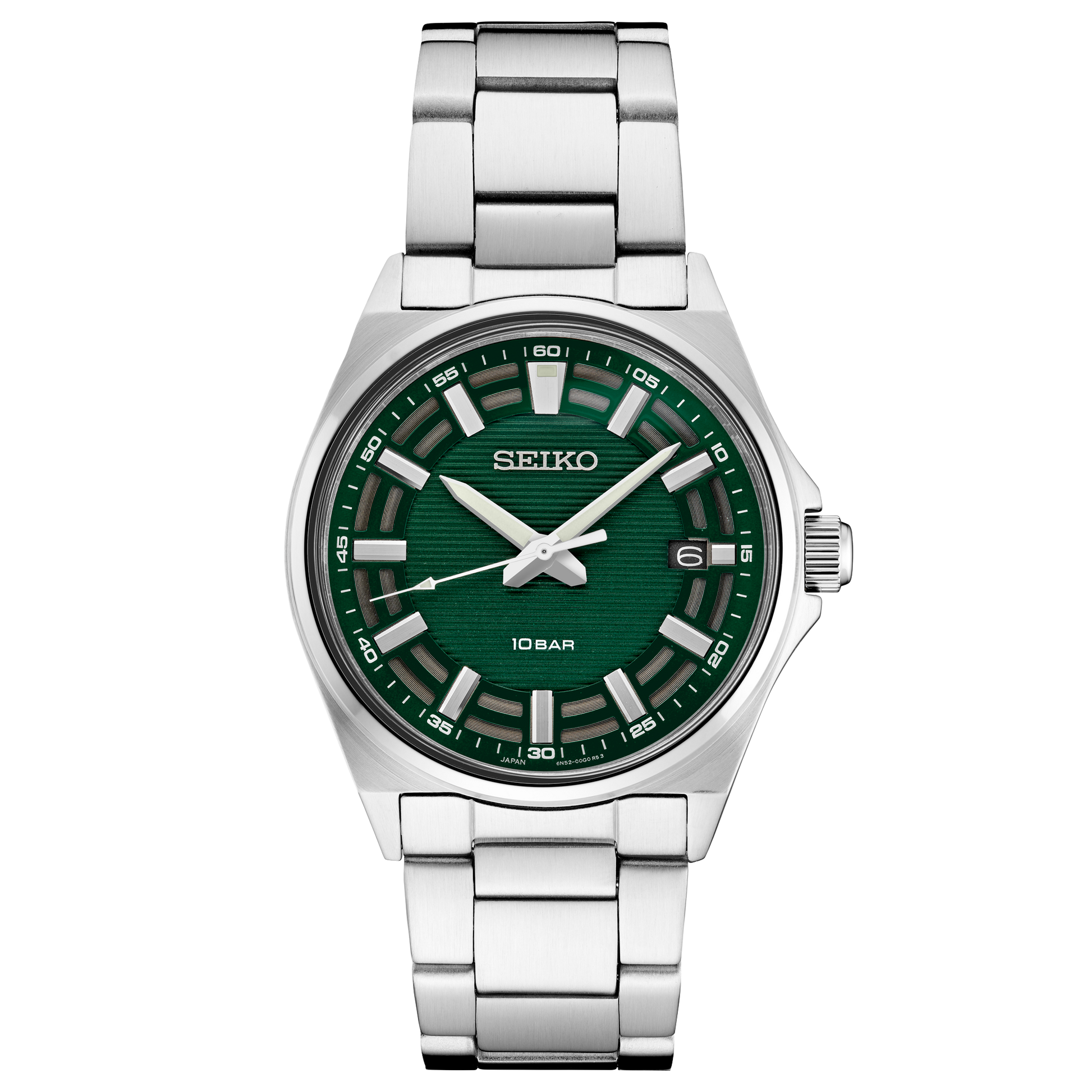 Seiko watch with green dial and silver metal strap on white background