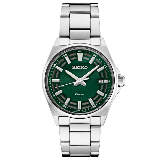 Seiko watch with green dial and silver metal strap on white background
