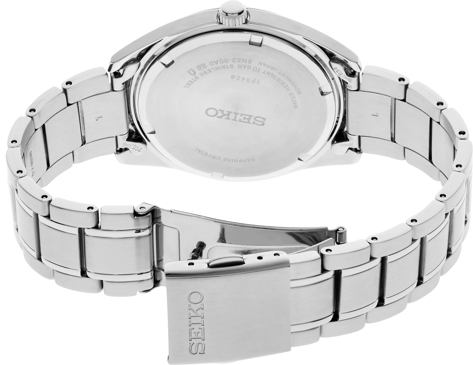 Silver Seiko watch with metal band on a white background