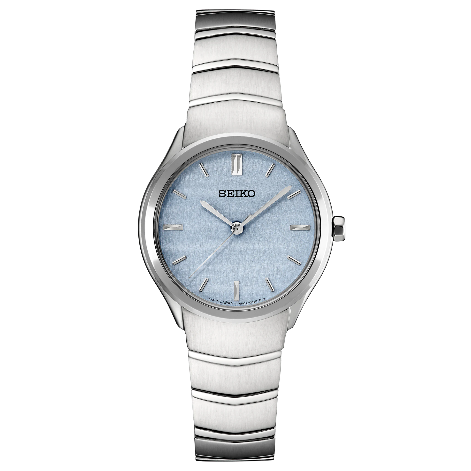 Seiko watch with a silver and black patterned strap on a white background