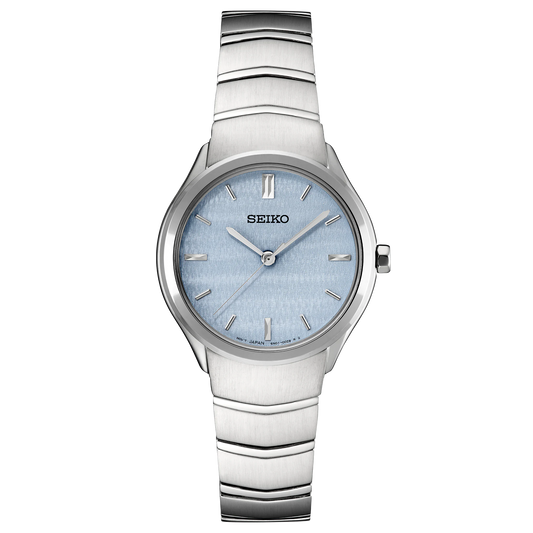 Seiko watch with a silver and black patterned strap on a white background