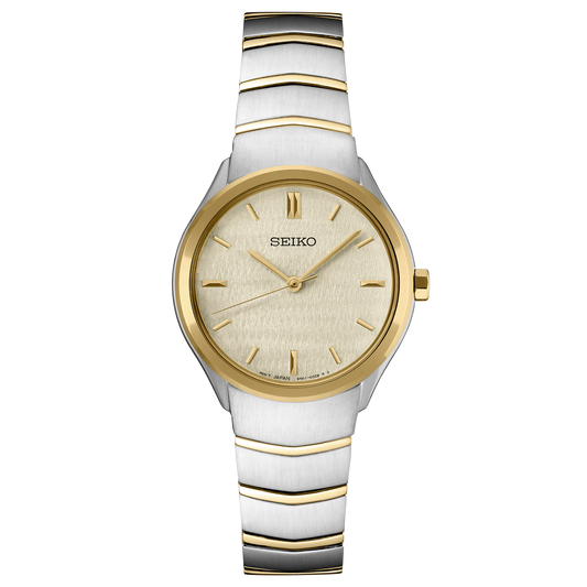 Seiko watch with white and gold band on a white background