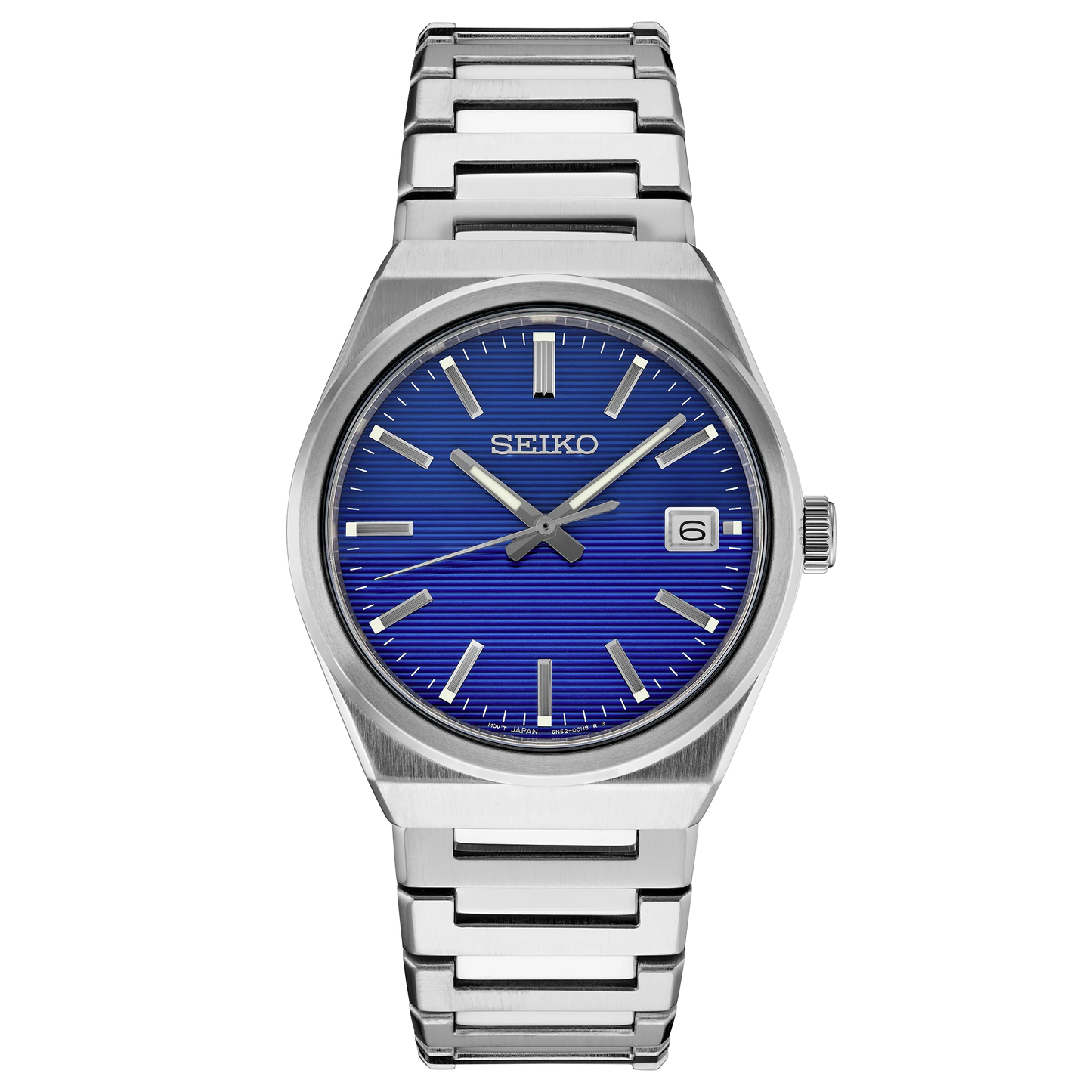 Seiko watch with blue dial and silver metal bracelet on a white background