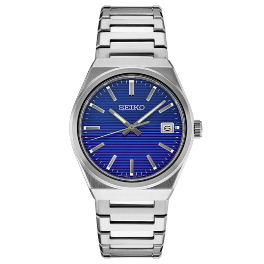 Seiko watch with blue dial and silver metal bracelet on a white background