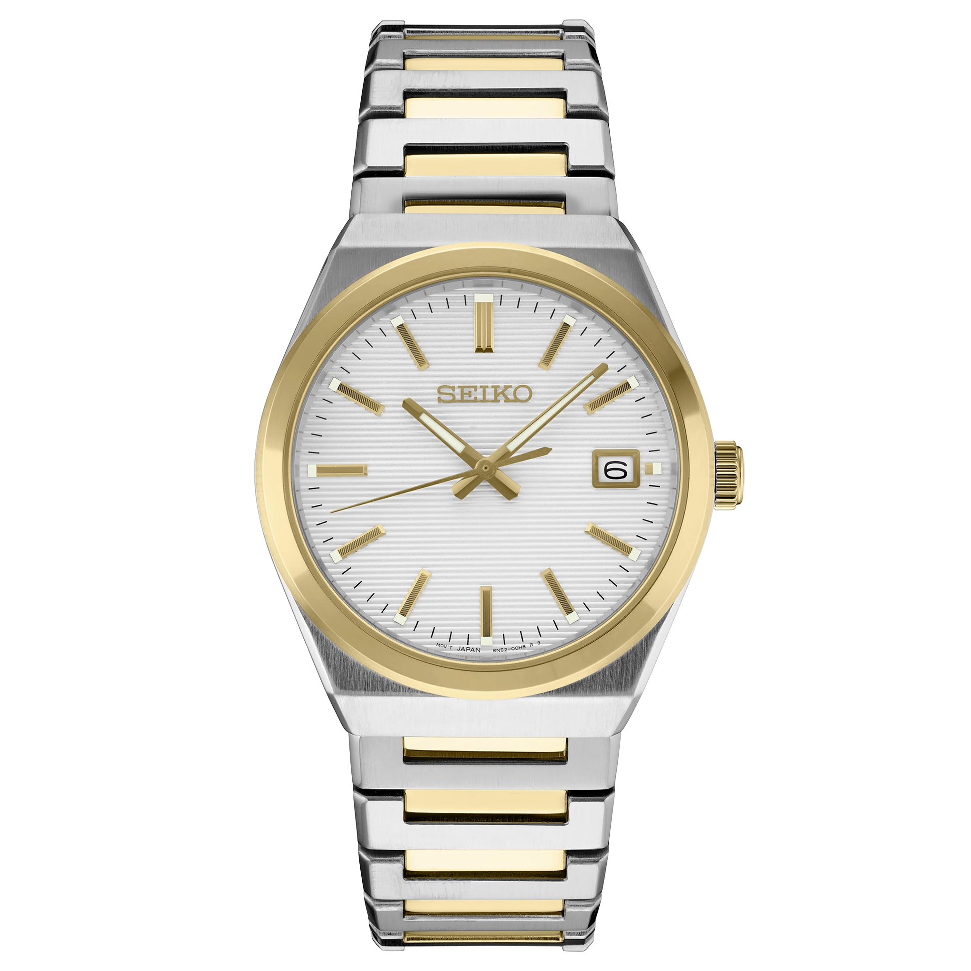 Two-tone silver and gold Seiko watch on a white background