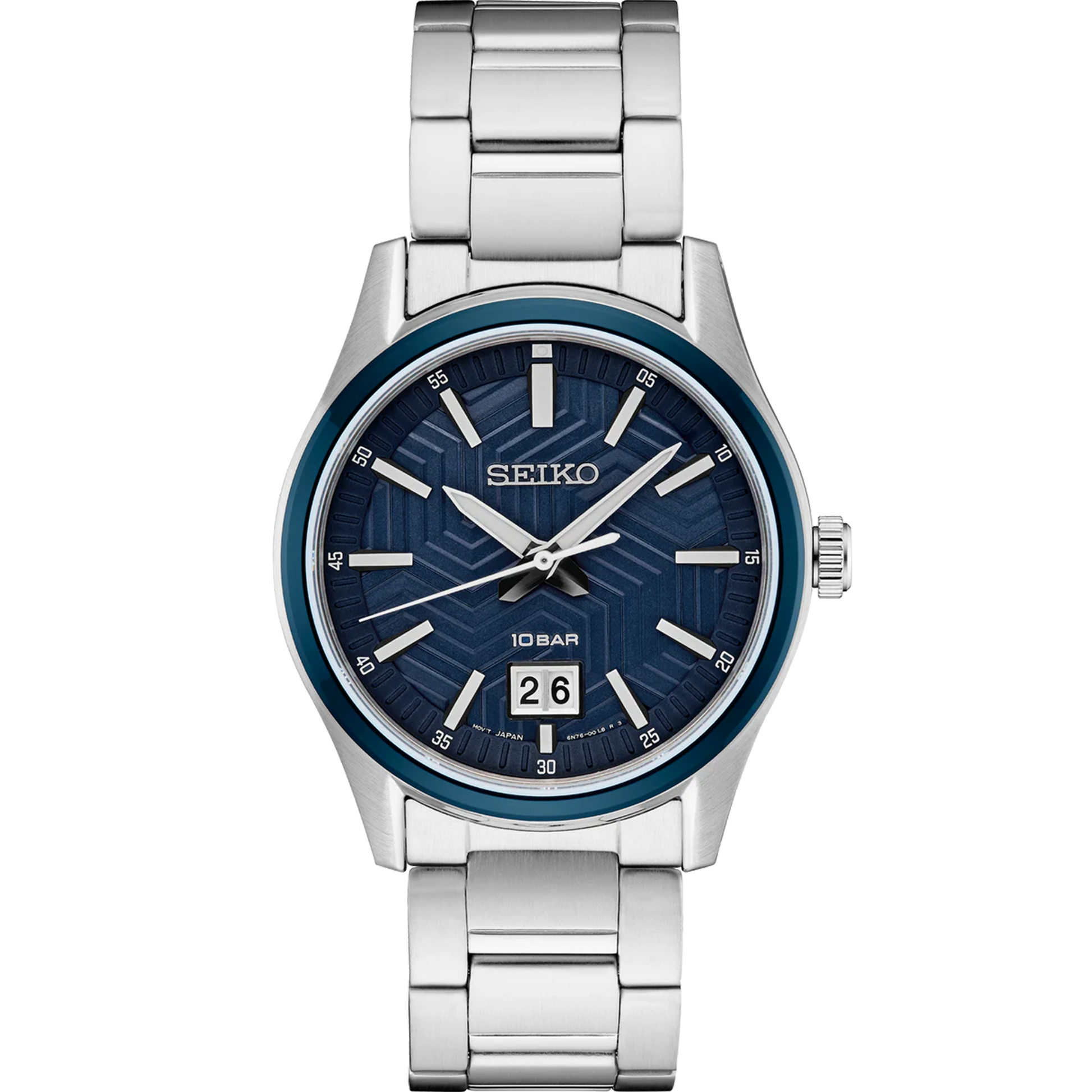 SEIKO SUR559 from the Essentials Collection – matte blue dial with y-pattern, big date display, stainless steel case and bracelet, sapphire crystal, and 100m water resistance.